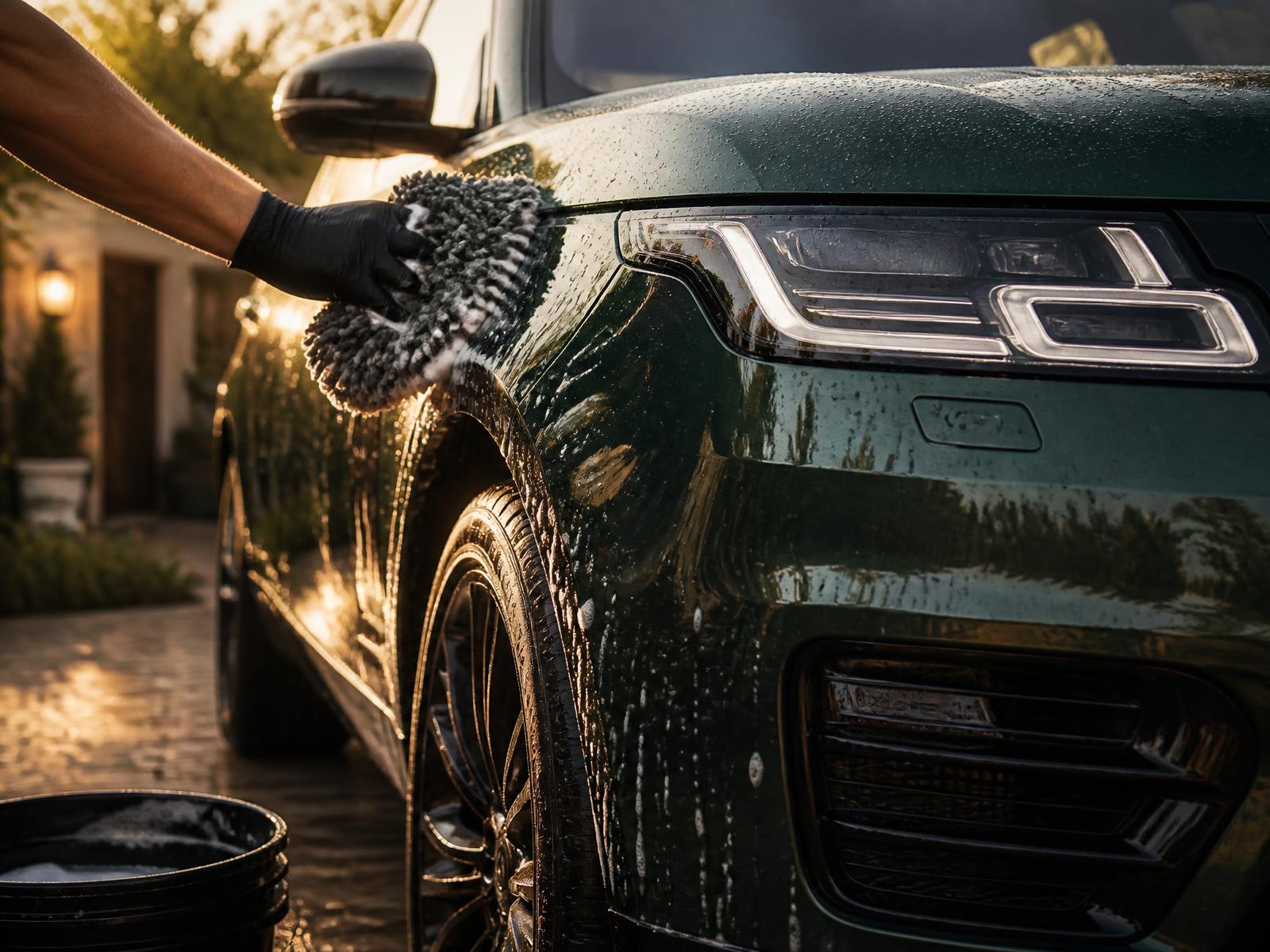 Detailer hand-washing a dark green luxury SUV in a driveway